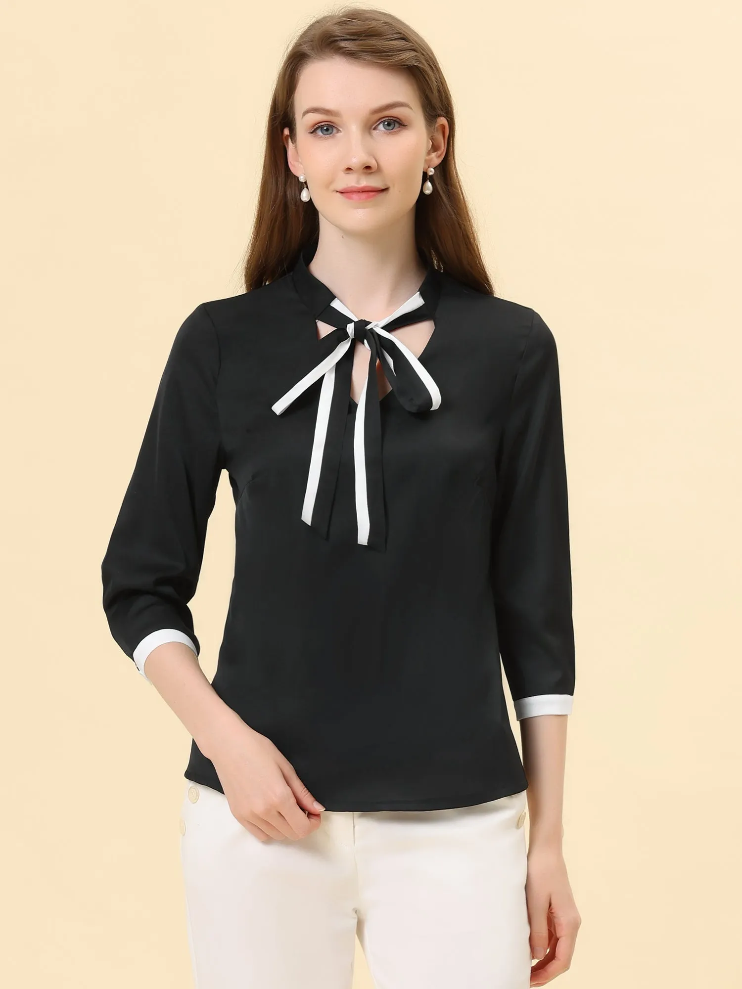 Office Blouse Bow Tie V Neck 3/4 Sleeve Elegant Chiffon Work Tops