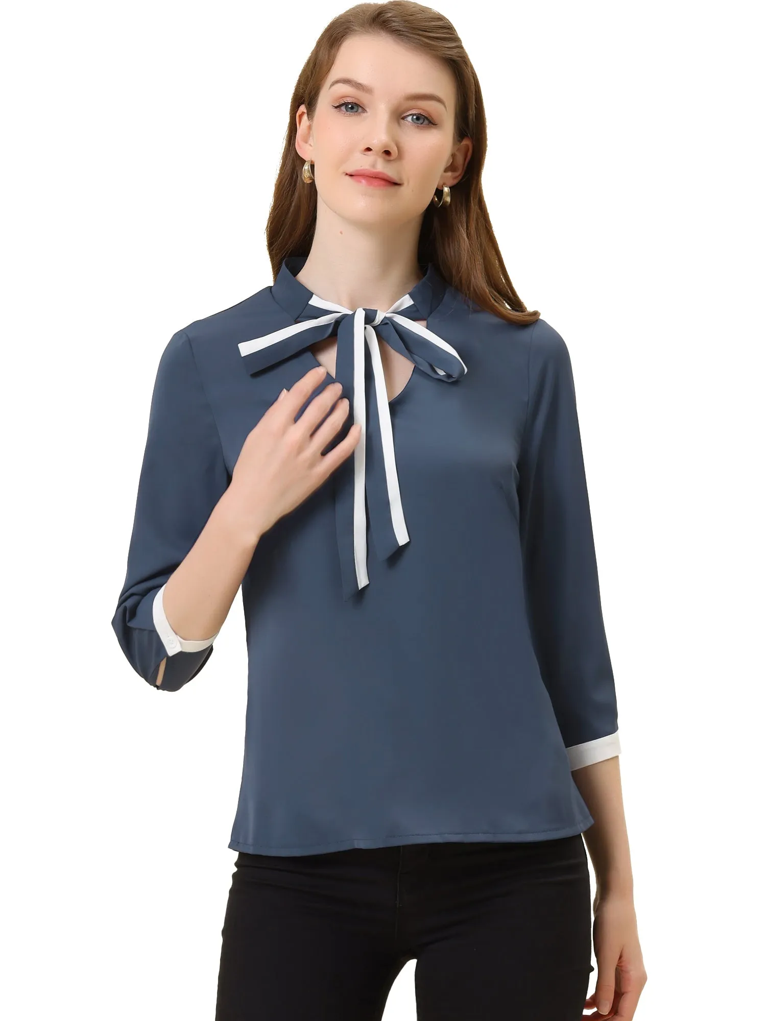 Office Blouse Bow Tie V Neck 3/4 Sleeve Elegant Chiffon Work Tops