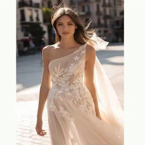 One Shoulder Bohemian Wedding Bridal Dress