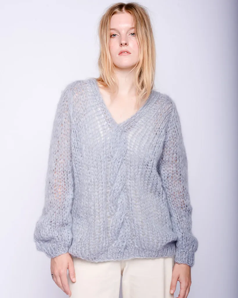 Oversized Vneck cable mohair sweater in sky