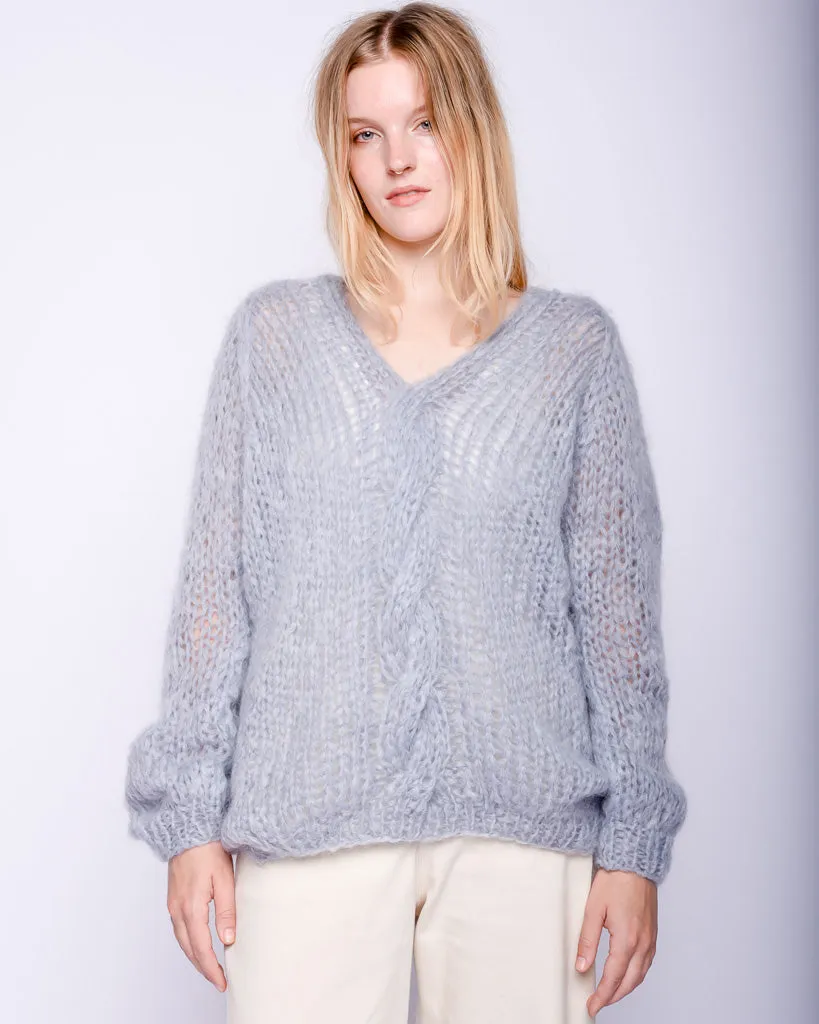 Oversized Vneck cable mohair sweater in sky