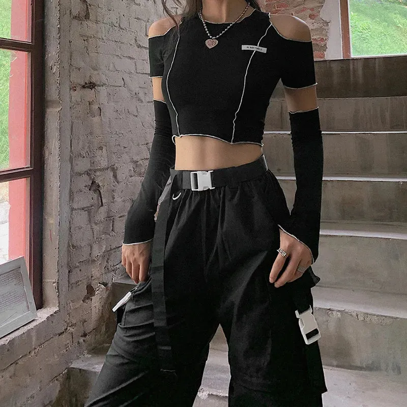 Patchwork Black T-shirt Gothic One Shoulder Sleeve Crop Top