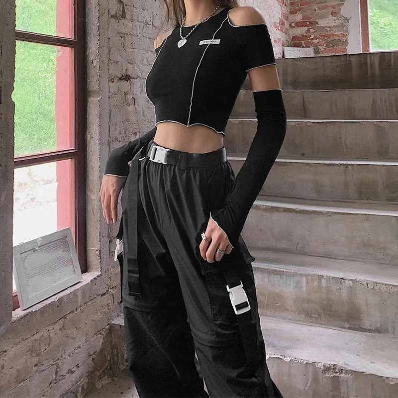 Patchwork Black T-shirt Gothic One Shoulder Sleeve Crop Top