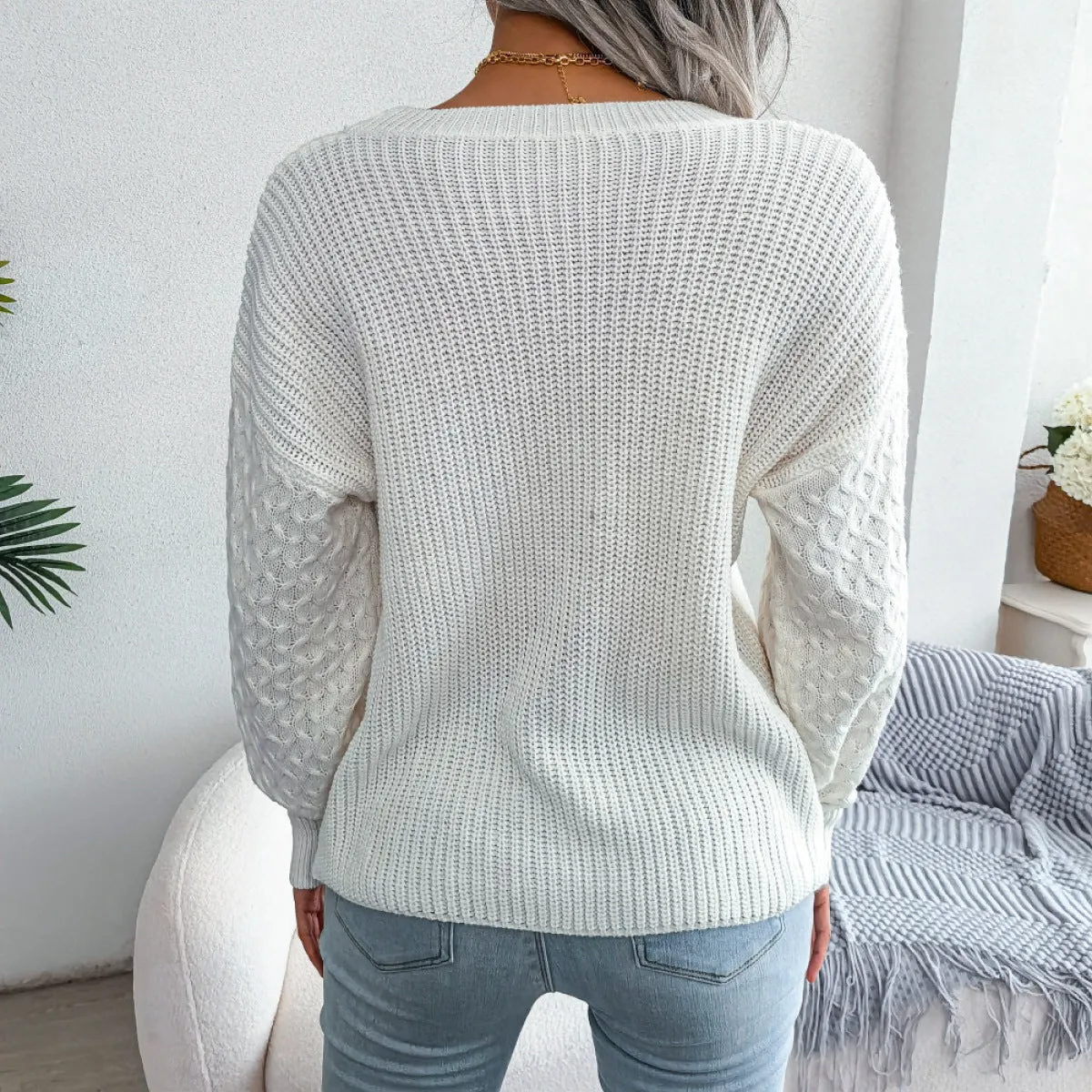 Solid Cable Knit Sleeve Round Neck Sweater