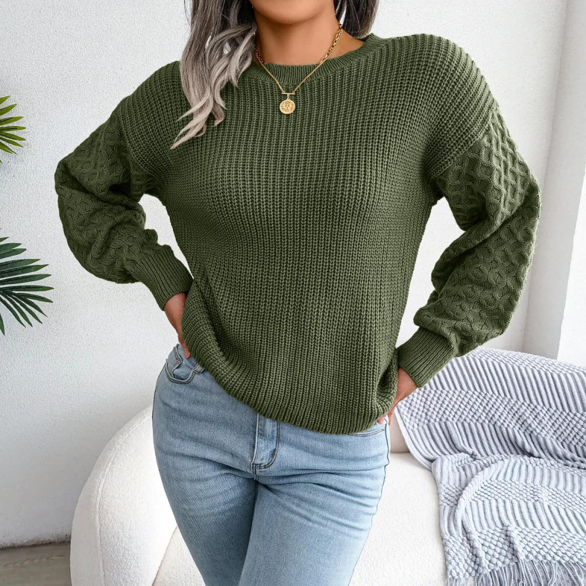 Solid Cable Knit Sleeve Round Neck Sweater