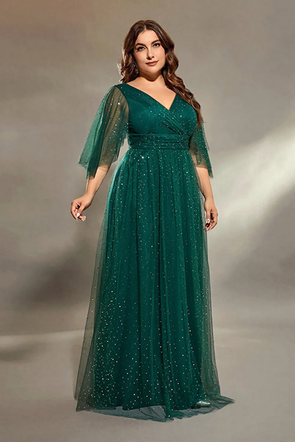 Sparkly Dark Green Plus Size A Line Tulle Maxi Dress with Sleeves