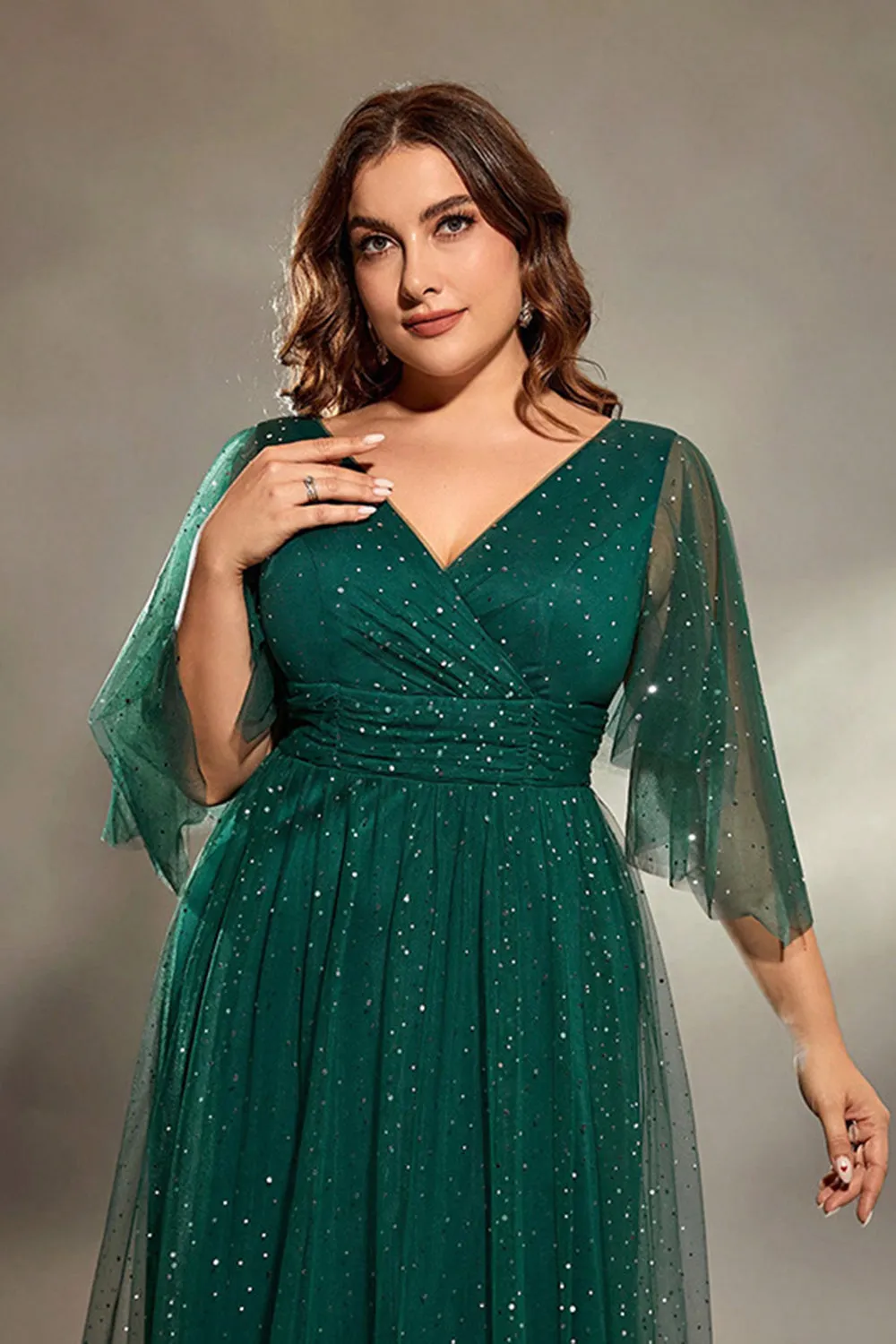 Sparkly Dark Green Plus Size A Line Tulle Maxi Dress with Sleeves