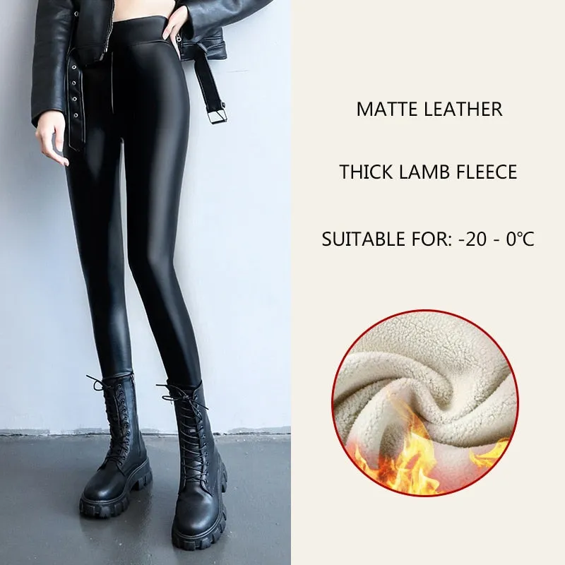 Spring New Thermal Leg Warm Women's Leggings Leather High Waist Fleece Velvet Black Tights Sexy PU Faux Female Pants