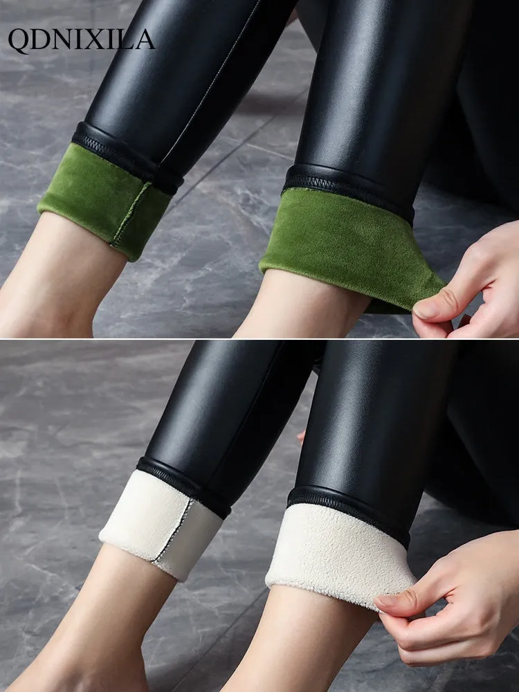 Spring New Thermal Leg Warm Women's Leggings Leather High Waist Fleece Velvet Black Tights Sexy PU Faux Female Pants