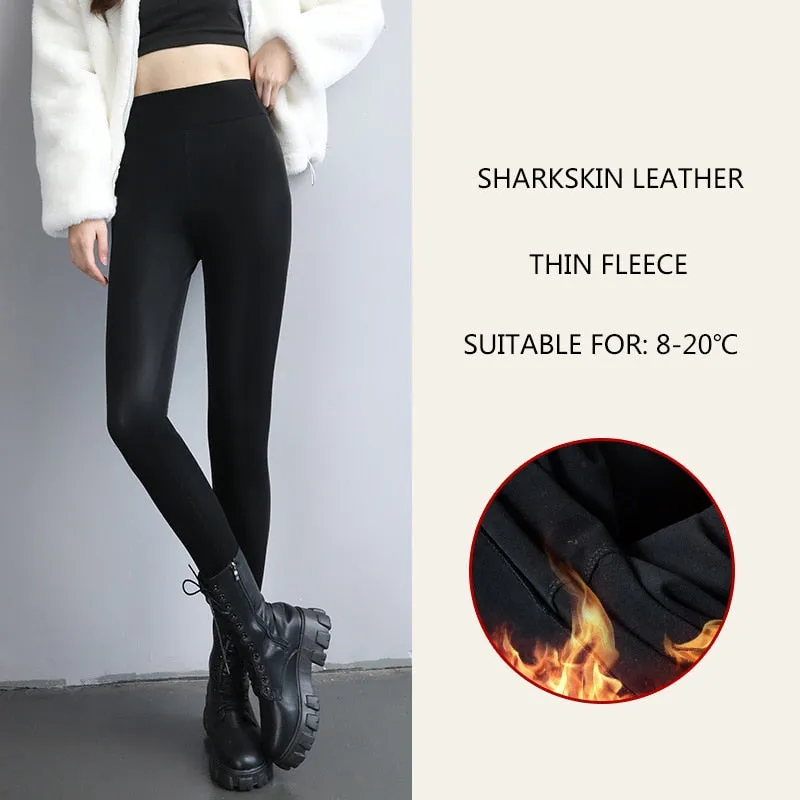 Spring New Thermal Leg Warm Women's Leggings Leather High Waist Fleece Velvet Black Tights Sexy PU Faux Female Pants