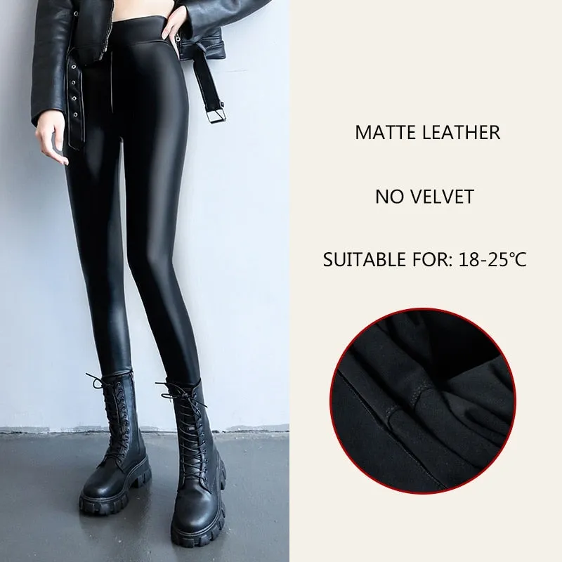 Spring New Thermal Leg Warm Women's Leggings Leather High Waist Fleece Velvet Black Tights Sexy PU Faux Female Pants