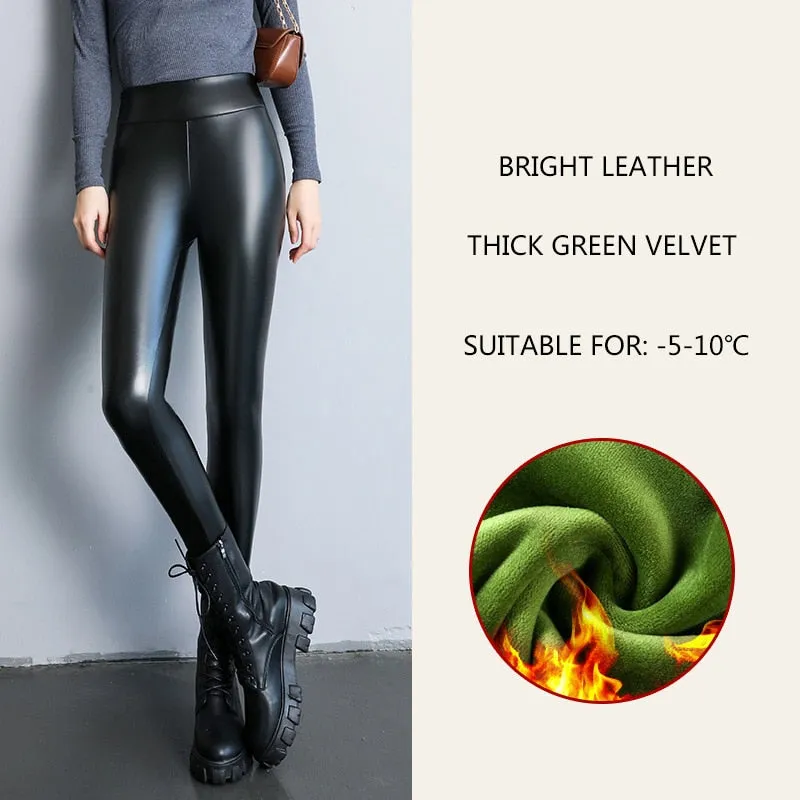 Spring New Thermal Leg Warm Women's Leggings Leather High Waist Fleece Velvet Black Tights Sexy PU Faux Female Pants