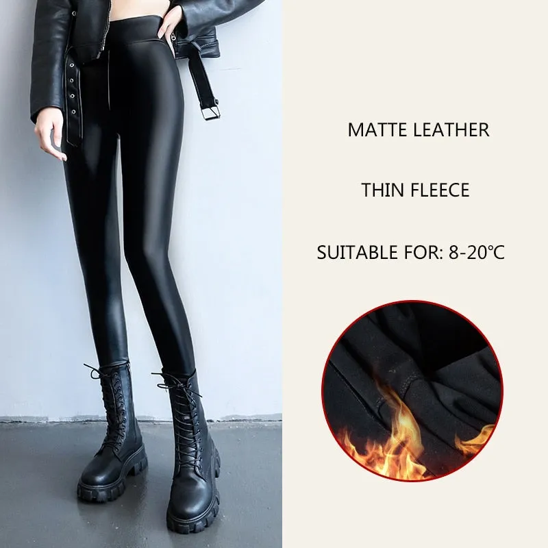 Spring New Thermal Leg Warm Women's Leggings Leather High Waist Fleece Velvet Black Tights Sexy PU Faux Female Pants