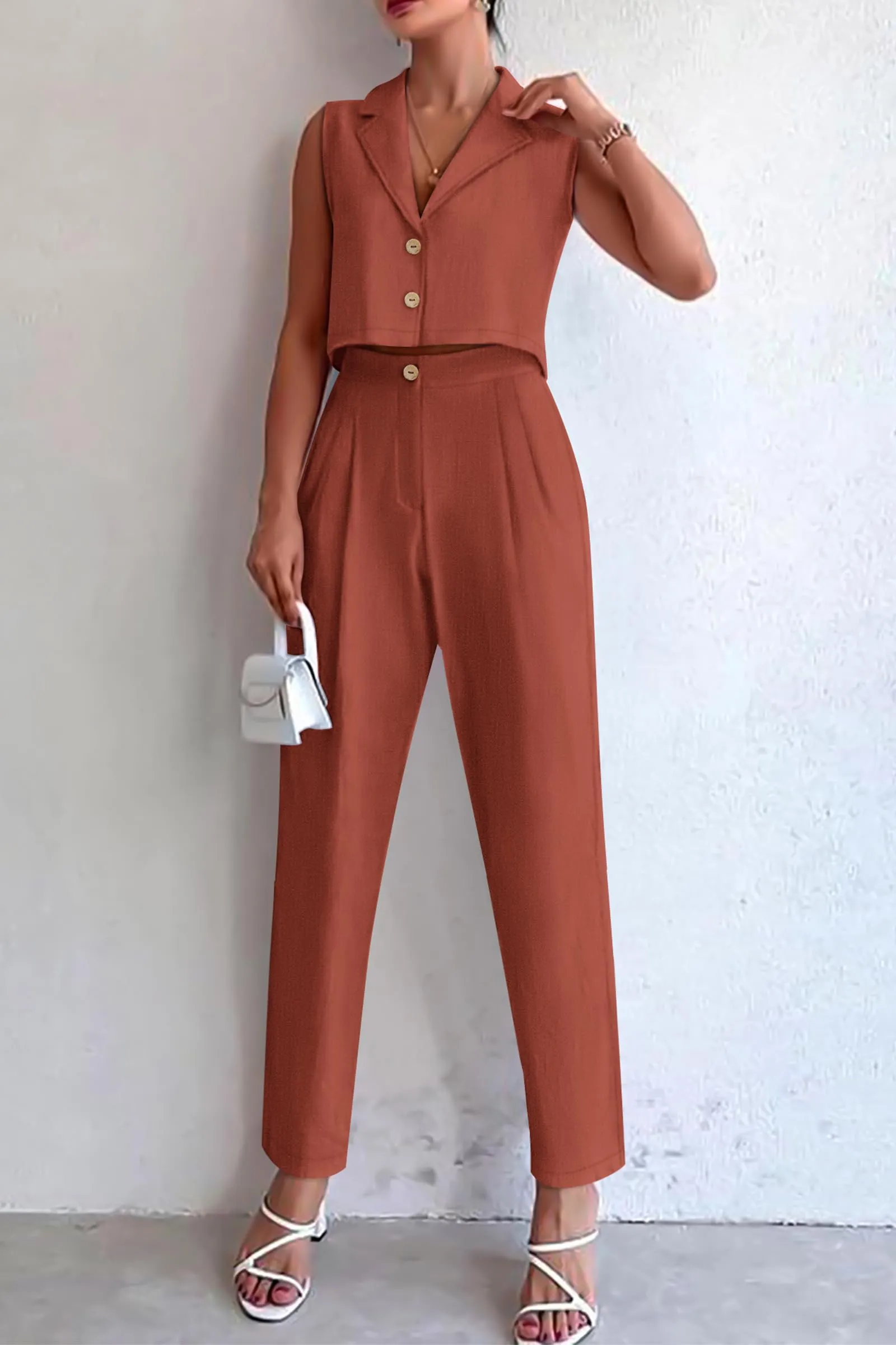 V Neck Cropped Vest Tops High Waisted Pants Suit Set