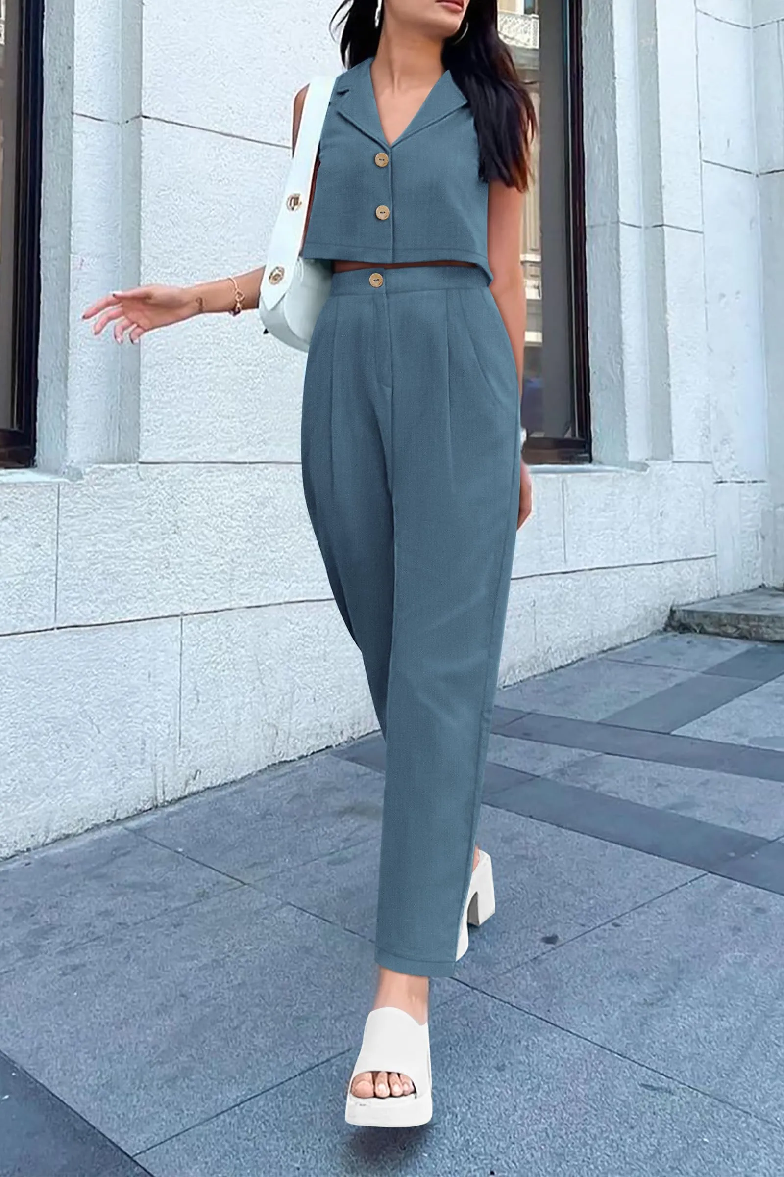 V Neck Cropped Vest Tops High Waisted Pants Suit Set