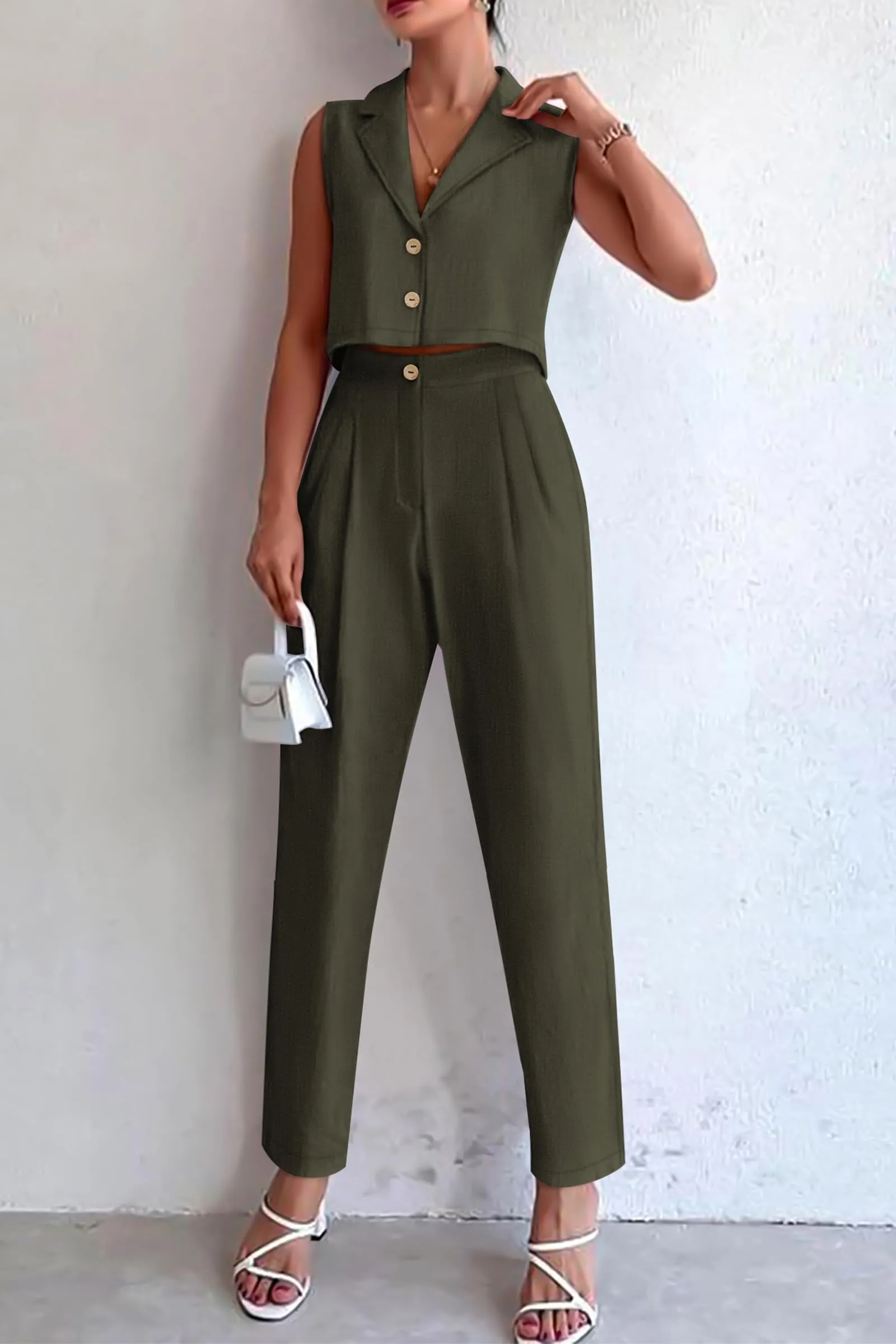 V Neck Cropped Vest Tops High Waisted Pants Suit Set