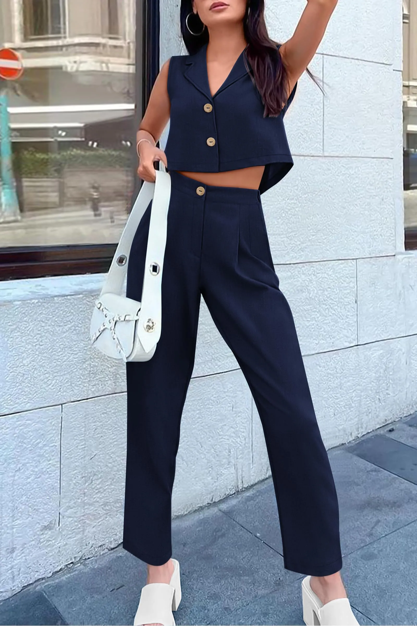 V Neck Cropped Vest Tops High Waisted Pants Suit Set