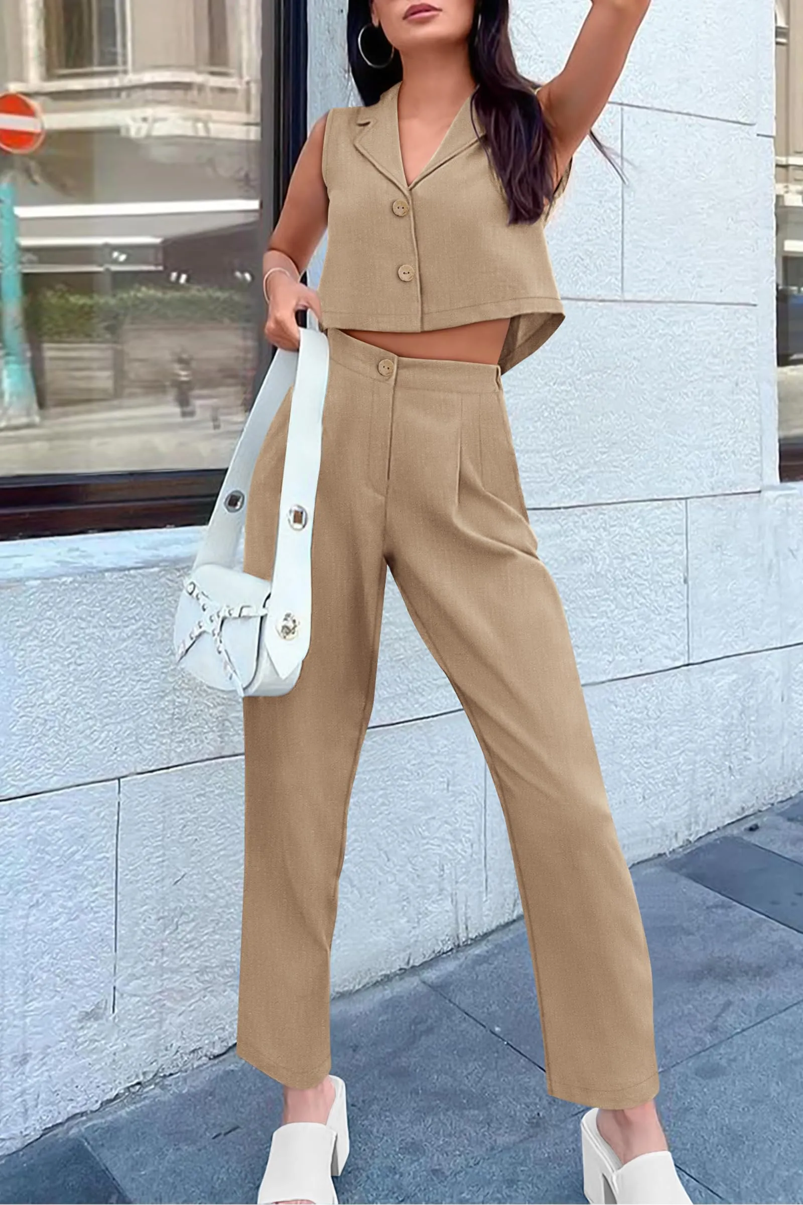 V Neck Cropped Vest Tops High Waisted Pants Suit Set