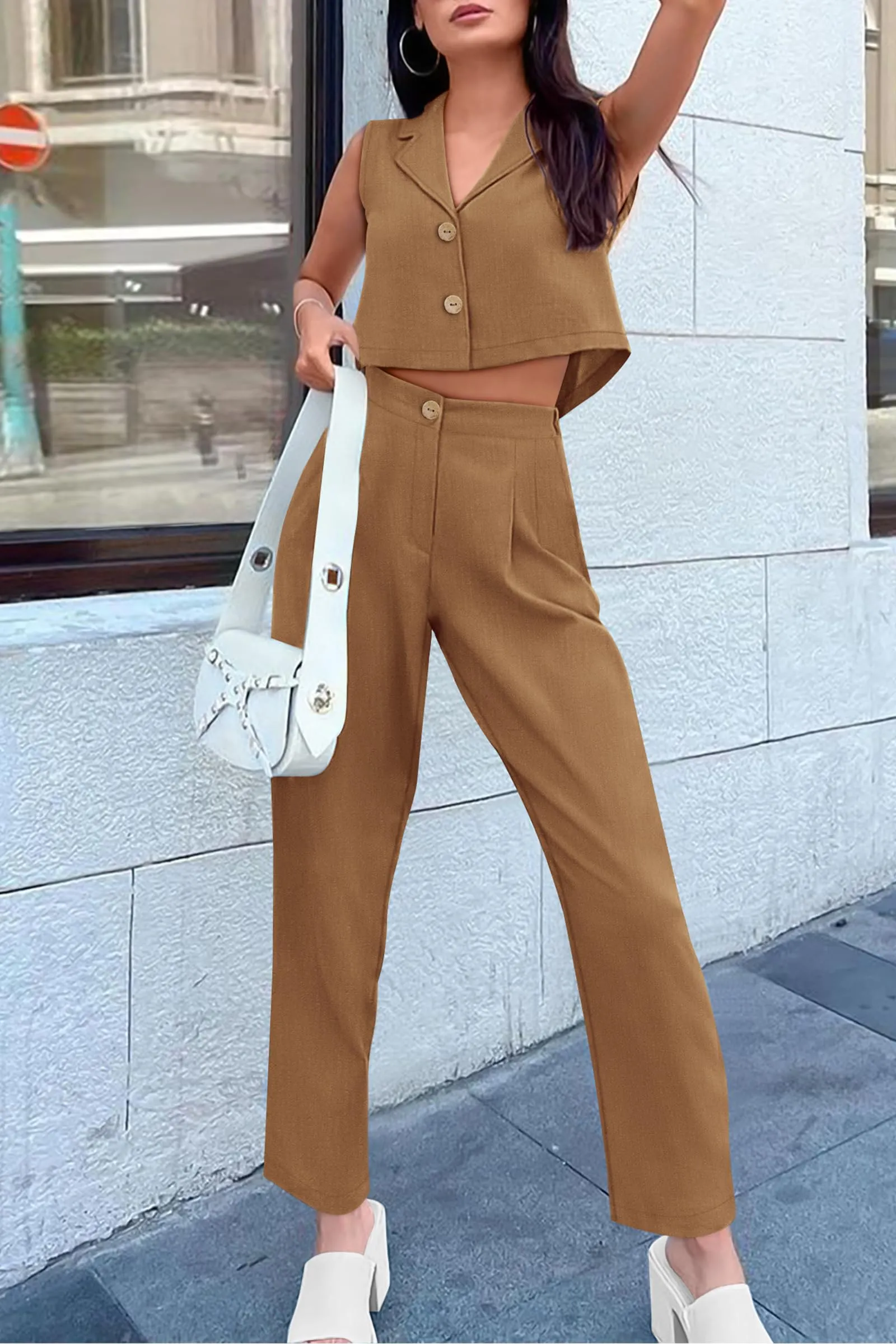 V Neck Cropped Vest Tops High Waisted Pants Suit Set