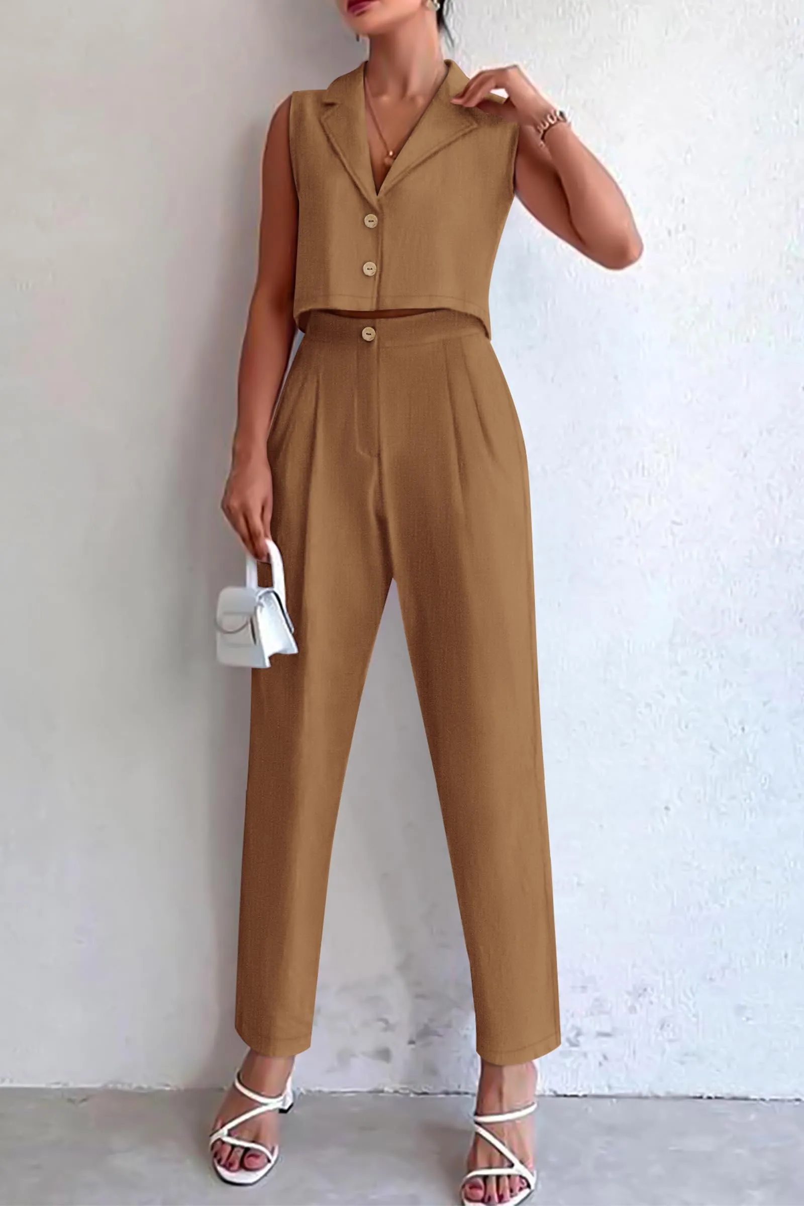 V Neck Cropped Vest Tops High Waisted Pants Suit Set