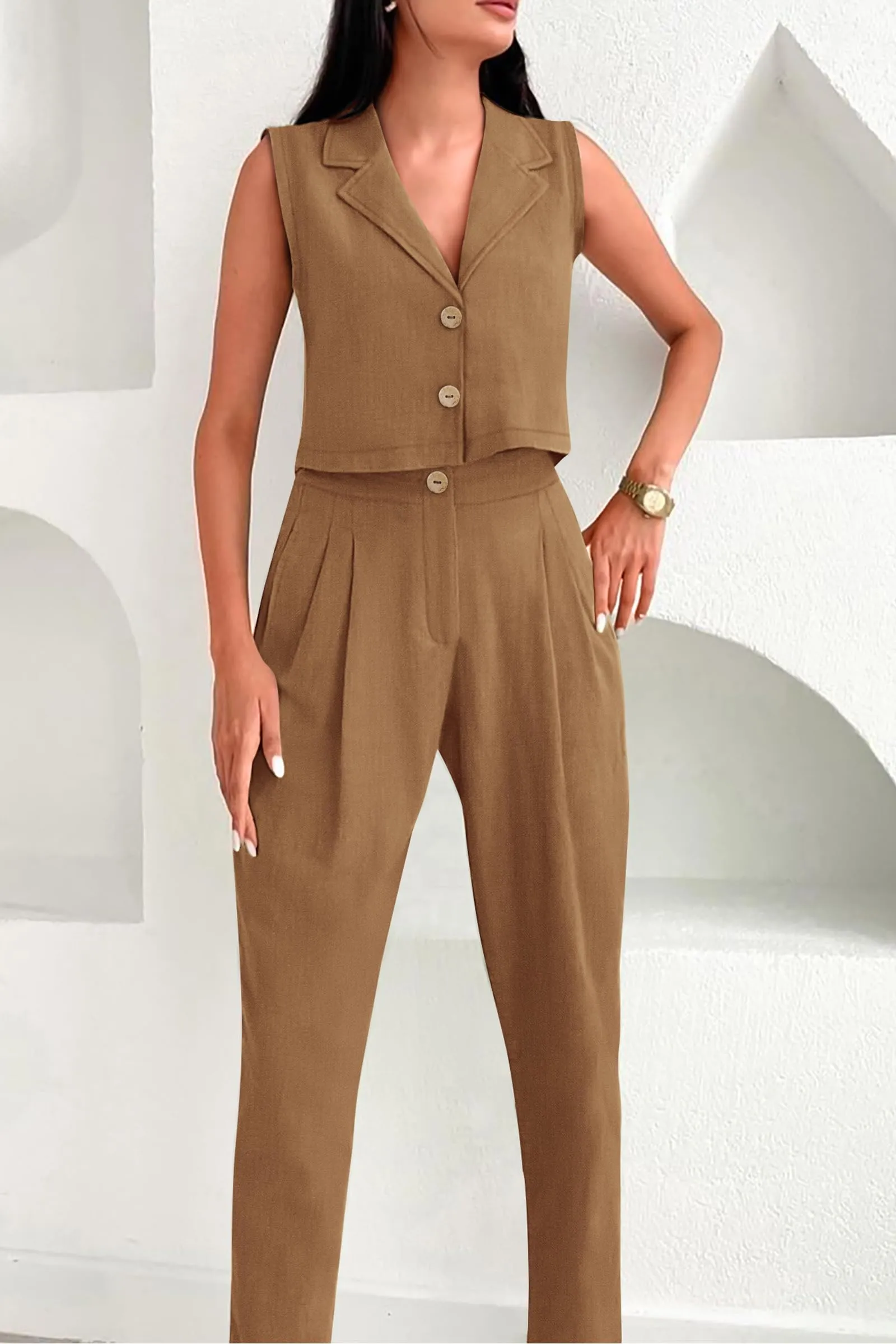 V Neck Cropped Vest Tops High Waisted Pants Suit Set