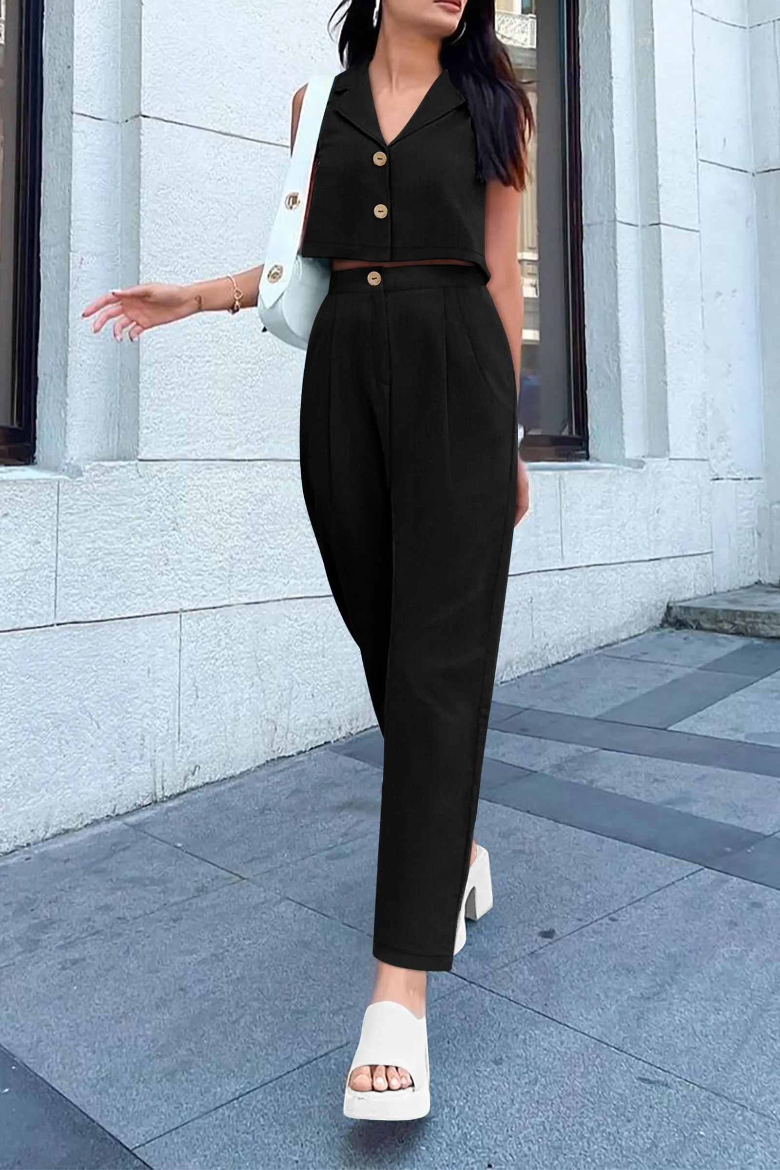 V Neck Cropped Vest Tops High Waisted Pants Suit Set