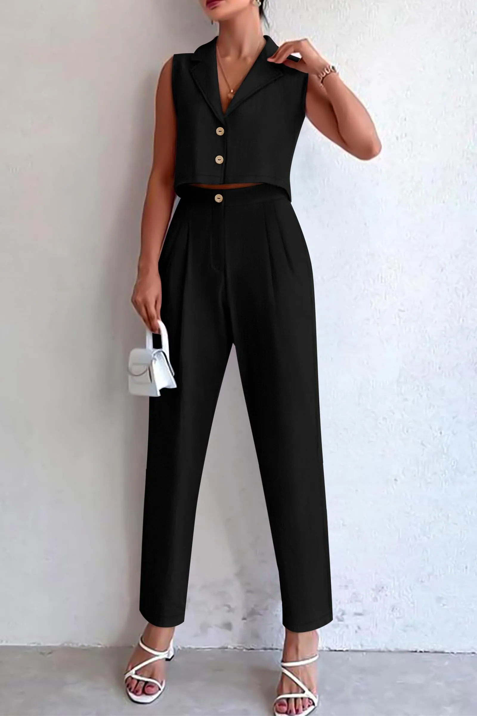 V Neck Cropped Vest Tops High Waisted Pants Suit Set