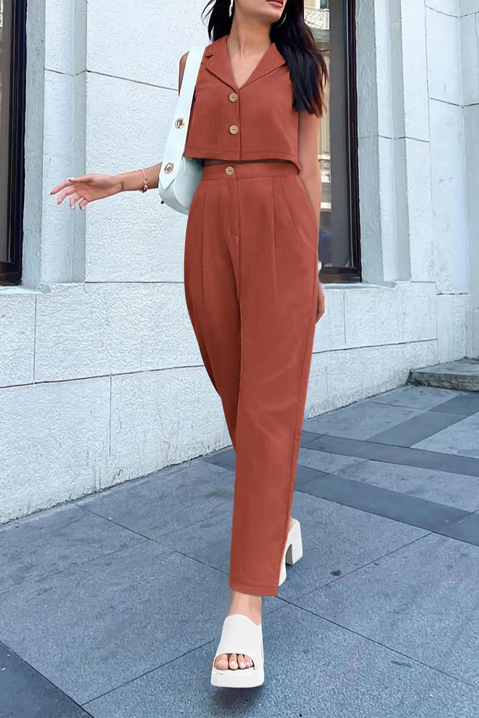 V Neck Cropped Vest Tops High Waisted Pants Suit Set