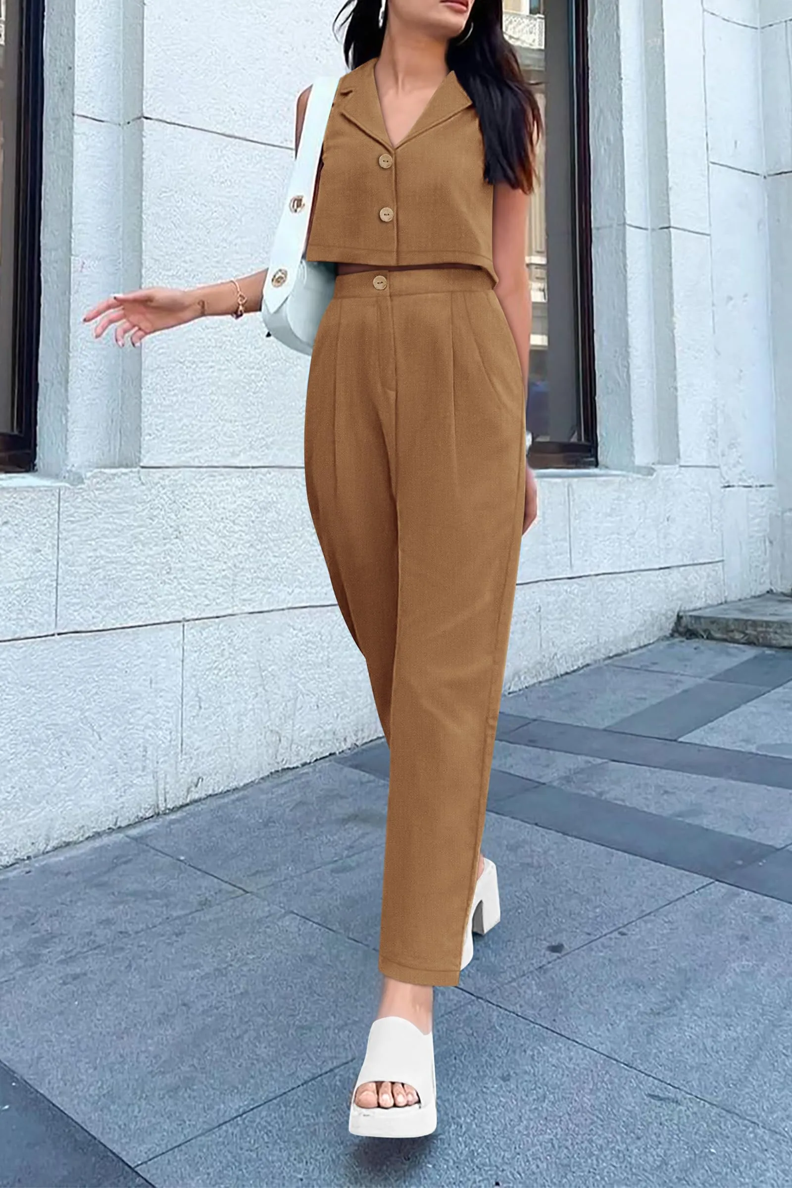 V Neck Cropped Vest Tops High Waisted Pants Suit Set