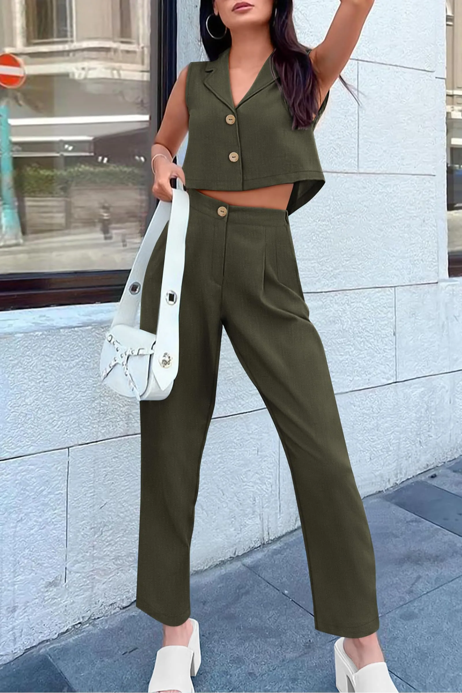 V Neck Cropped Vest Tops High Waisted Pants Suit Set