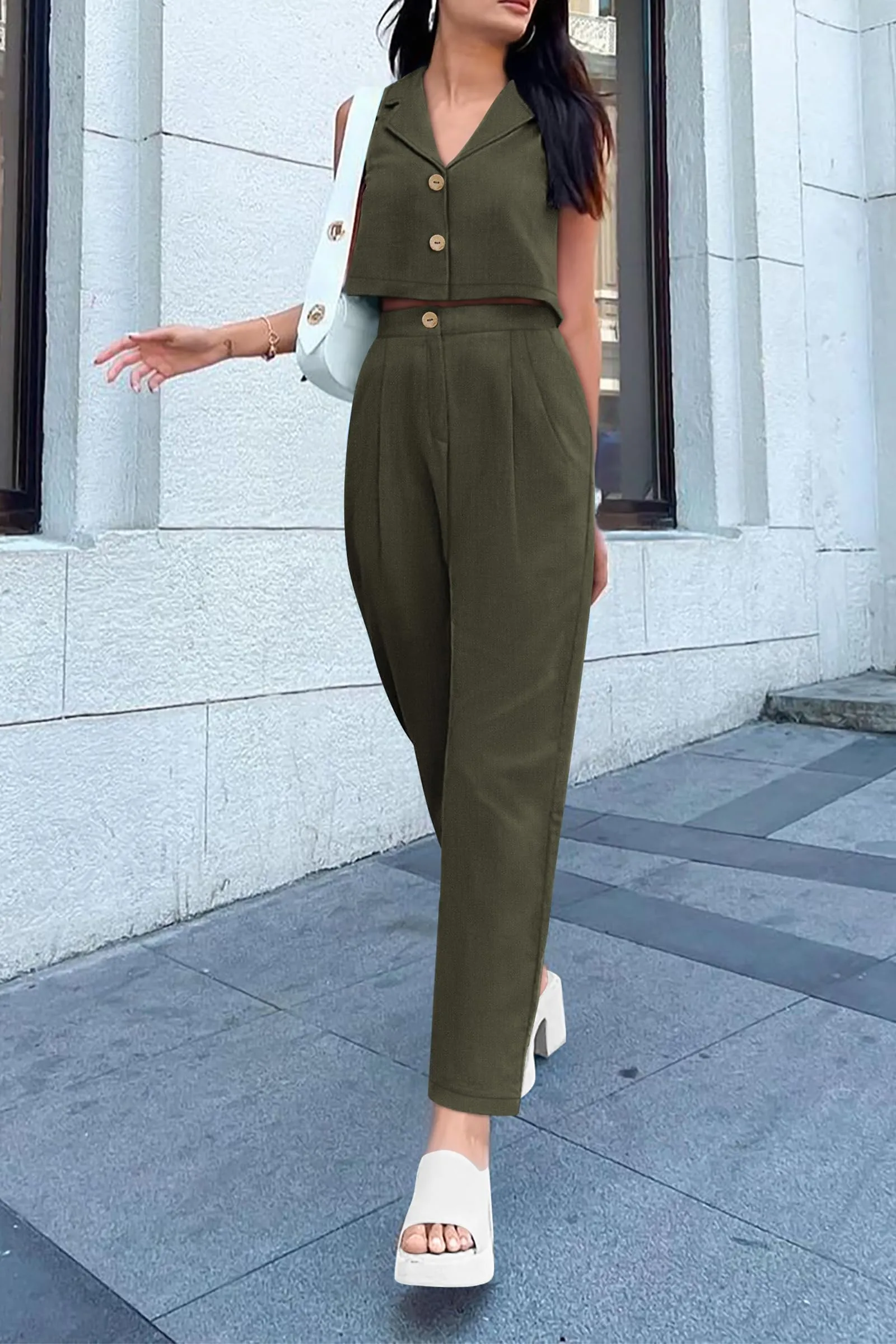 V Neck Cropped Vest Tops High Waisted Pants Suit Set