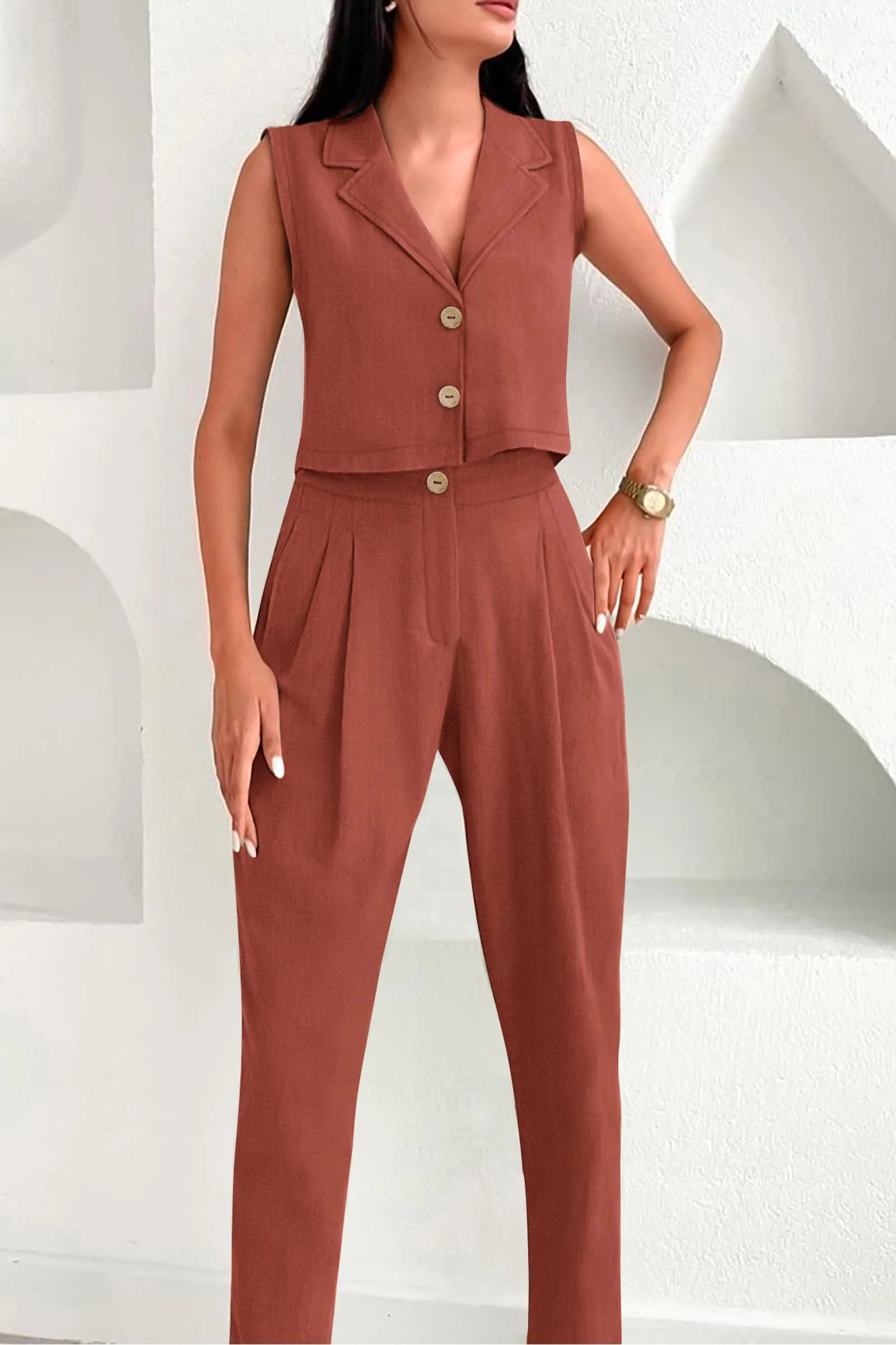 V Neck Cropped Vest Tops High Waisted Pants Suit Set