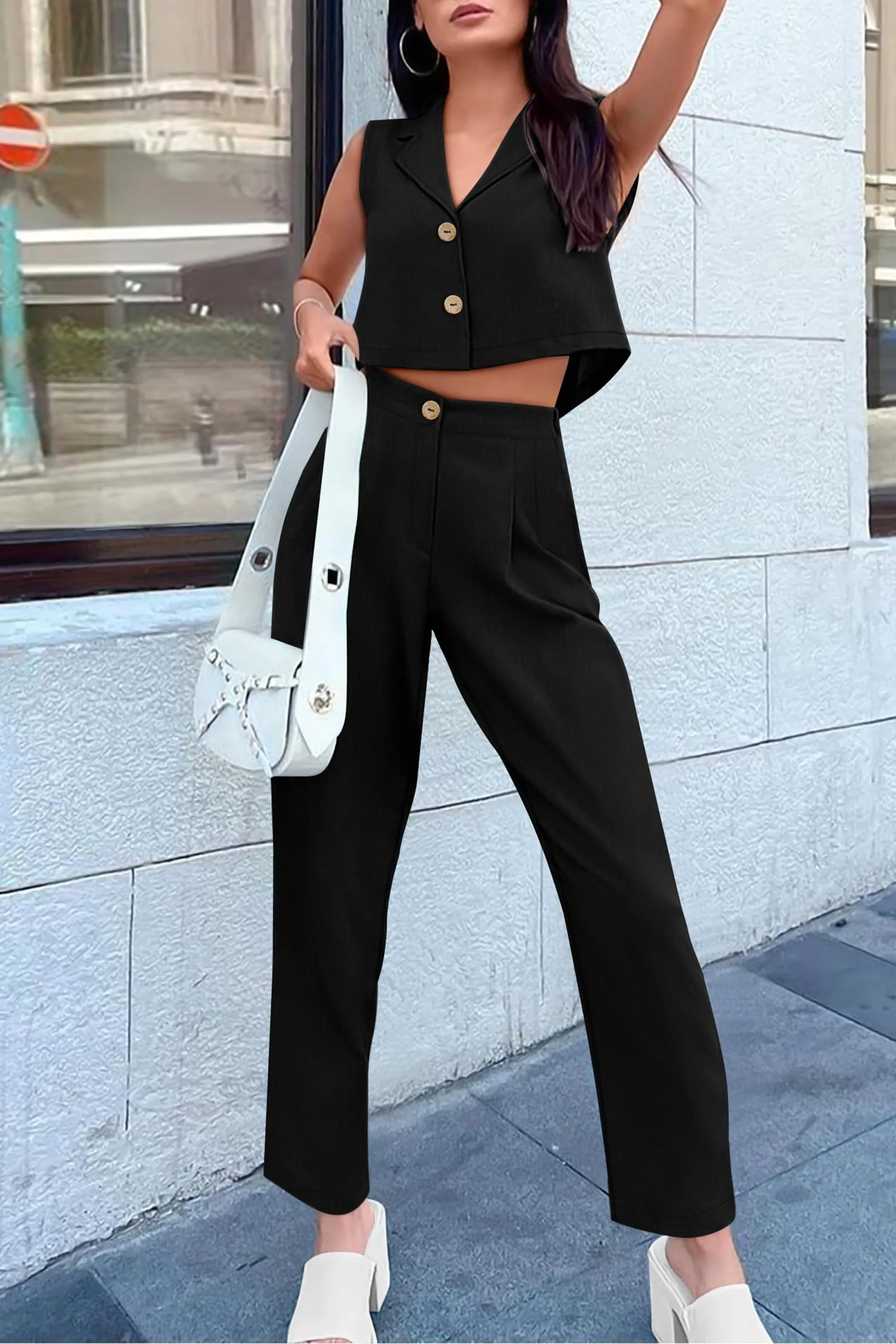 V Neck Cropped Vest Tops High Waisted Pants Suit Set