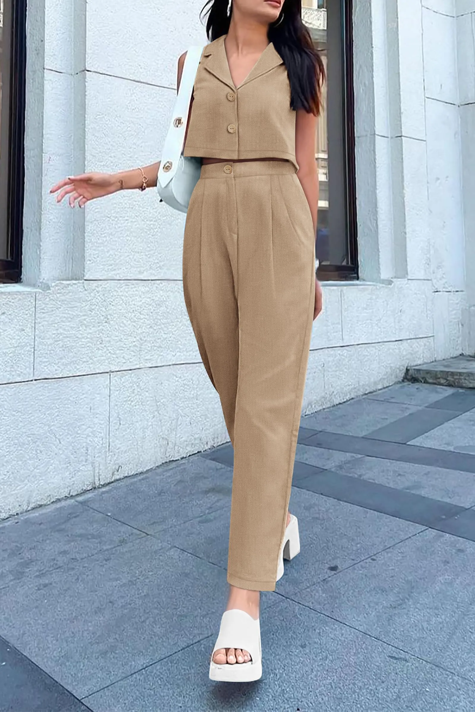 V Neck Cropped Vest Tops High Waisted Pants Suit Set