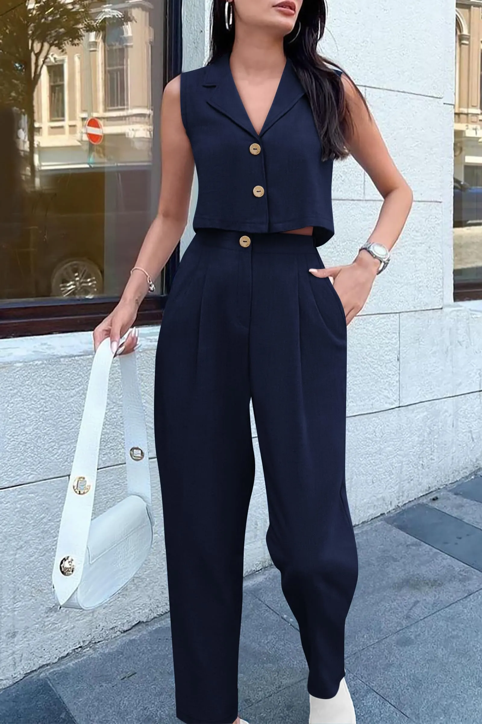 V Neck Cropped Vest Tops High Waisted Pants Suit Set