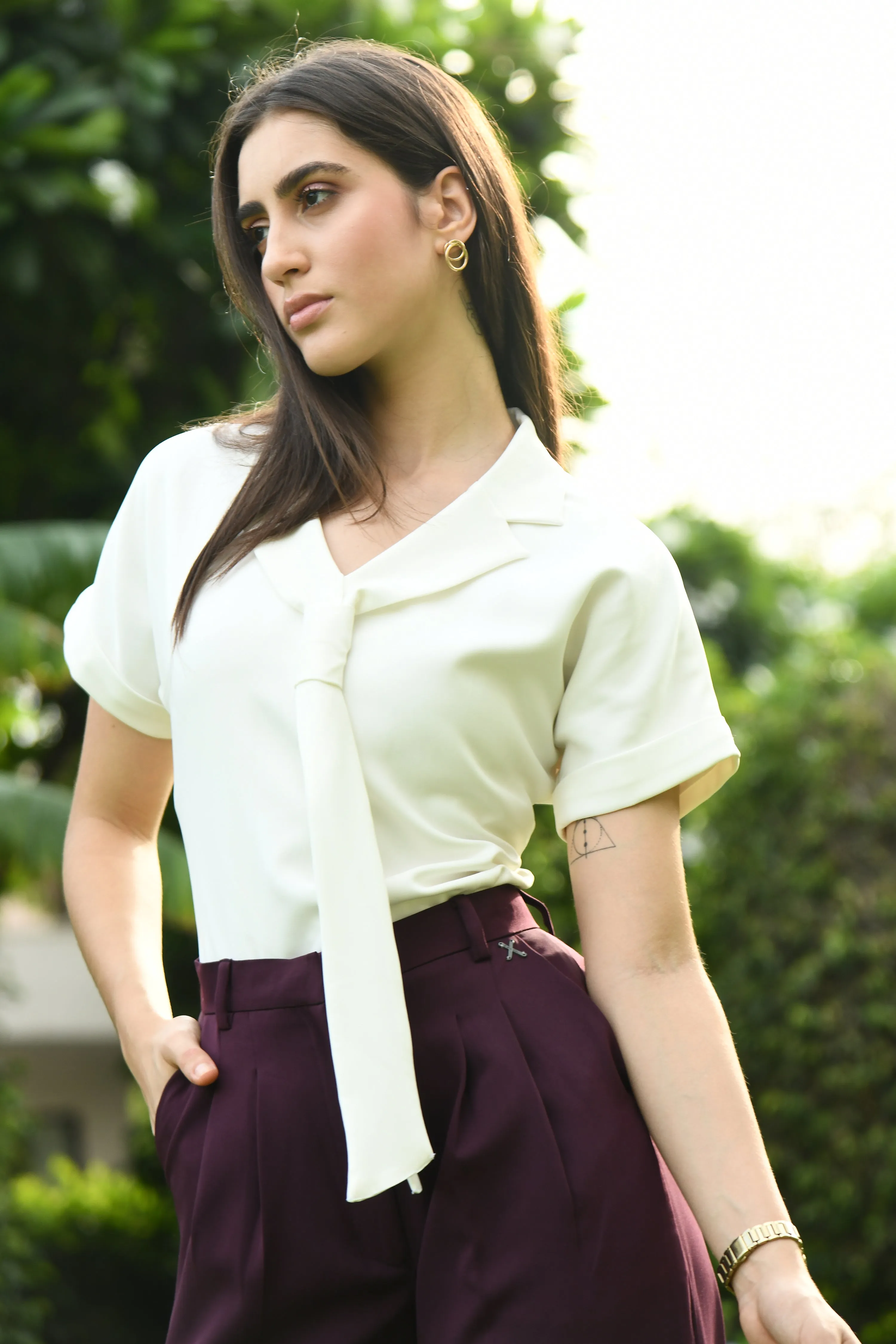 White Transcendence Blazer Top With Front Tie