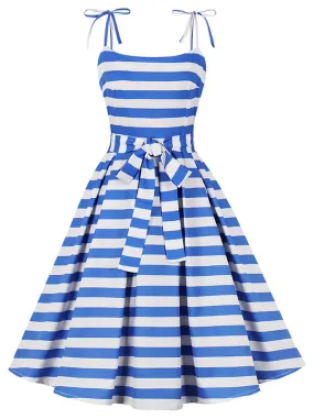 Women 50s Vintage Rockabilly Spaghetti Strap A Line Stripe Summer Party Swing Dress