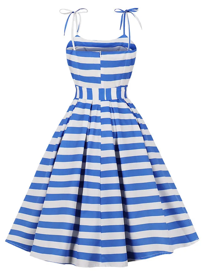 Women 50s Vintage Rockabilly Spaghetti Strap A Line Stripe Summer Party Swing Dress