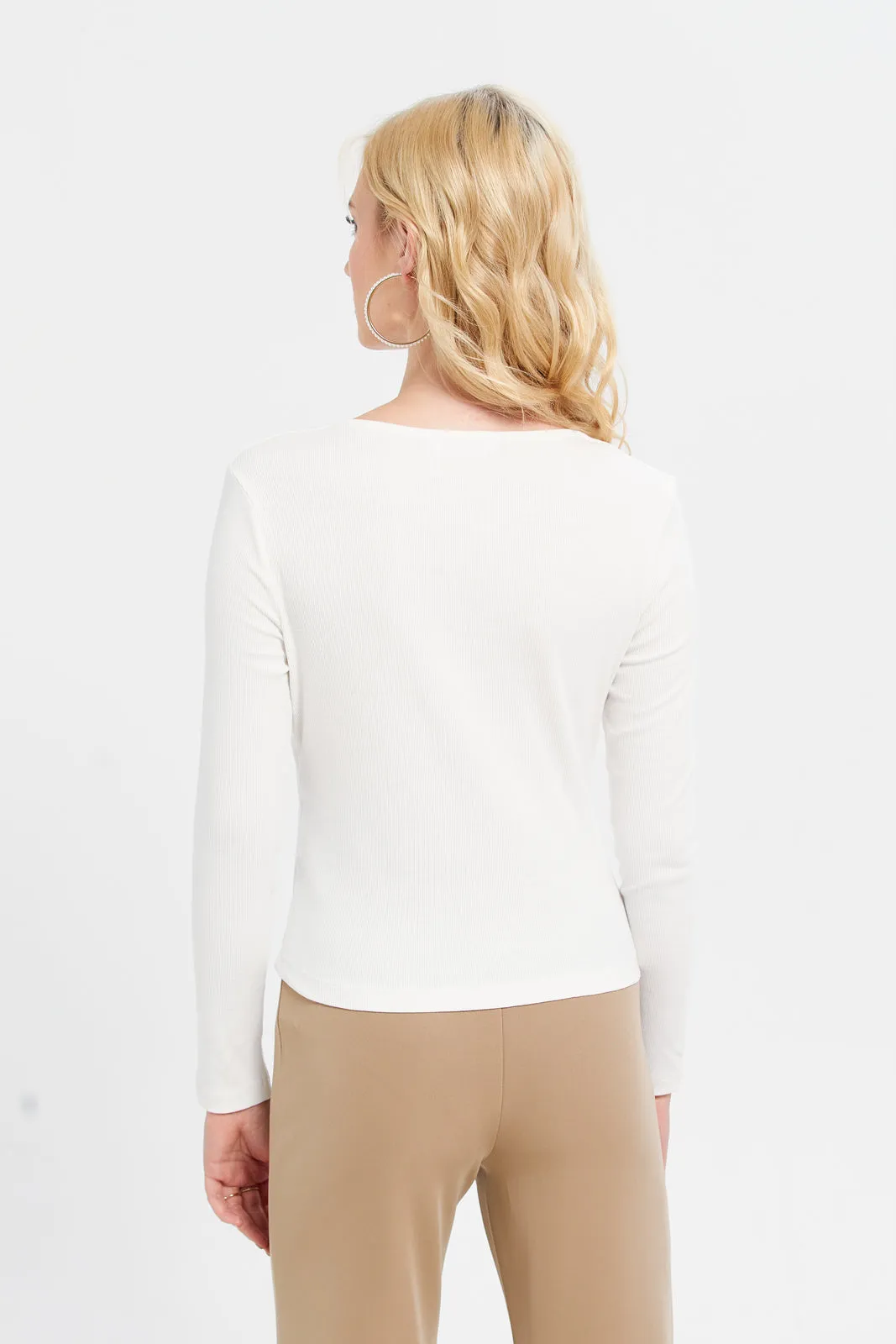 Women White Rib Long Sleeve Top